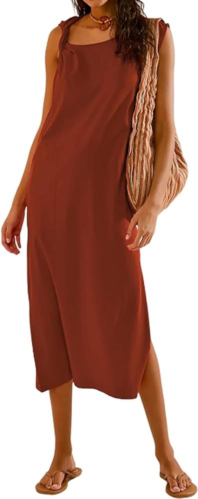 Women Summer Casual T Shirt Dress Twist Cap Sleeve Boat Neck Loose Side Split Midi Dress with Poc... | Amazon (US)
