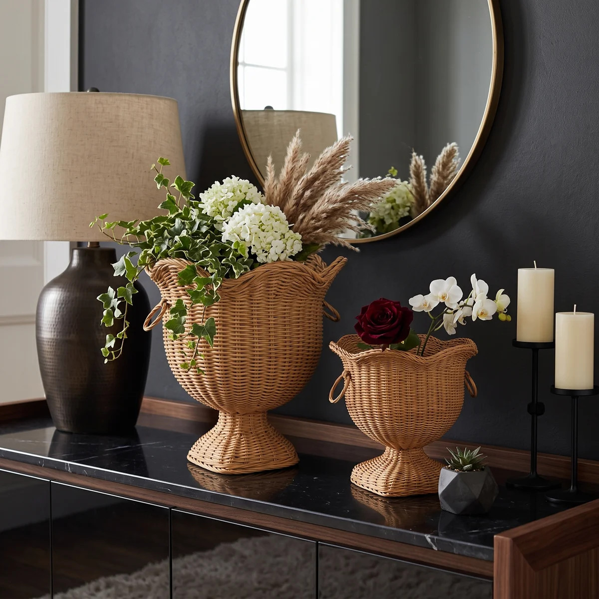 Decorative Scalloped Woven Rattan Urn Vases for Home Display - Natural Fiber Table Vases Flower Decor for Living Room - Set of 2, 14", 9", Brown | Wayfair North America