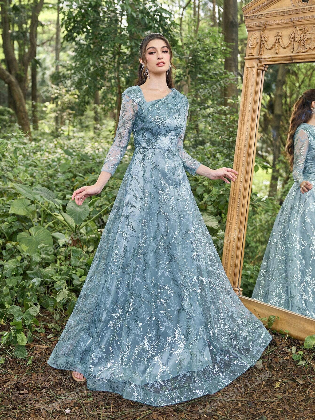 Sequin Asymmetrical Neck 3/4 Sleeves Formal Dress Woman Formal Ball Gown | SHEIN USA | SHEIN