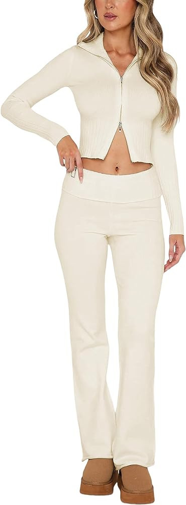 Springrain Women Sweater Sets 2 Piece Lounge Sets Ribbed Zip Hoodie Knitted Outfits | Amazon (US)