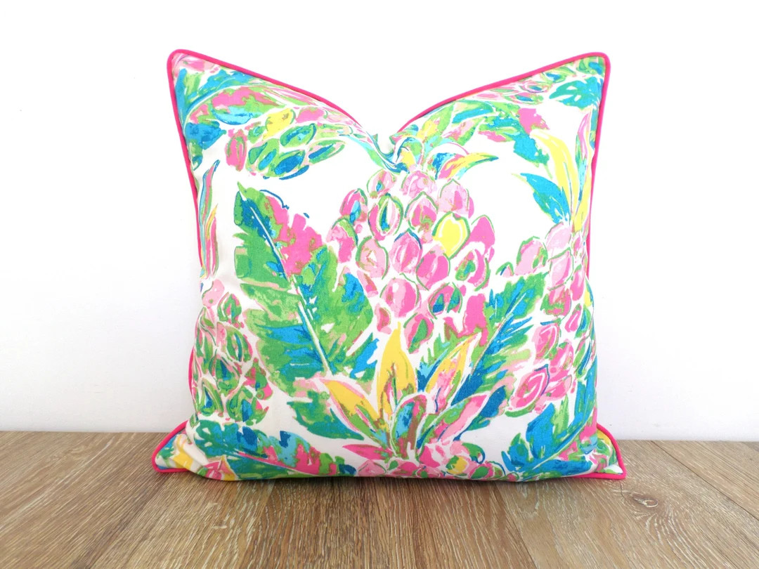 Pineapple pillow cover 18x18 tropical outdoor fabric, pink outdoor pillow cover beach house decor... | Etsy (US)