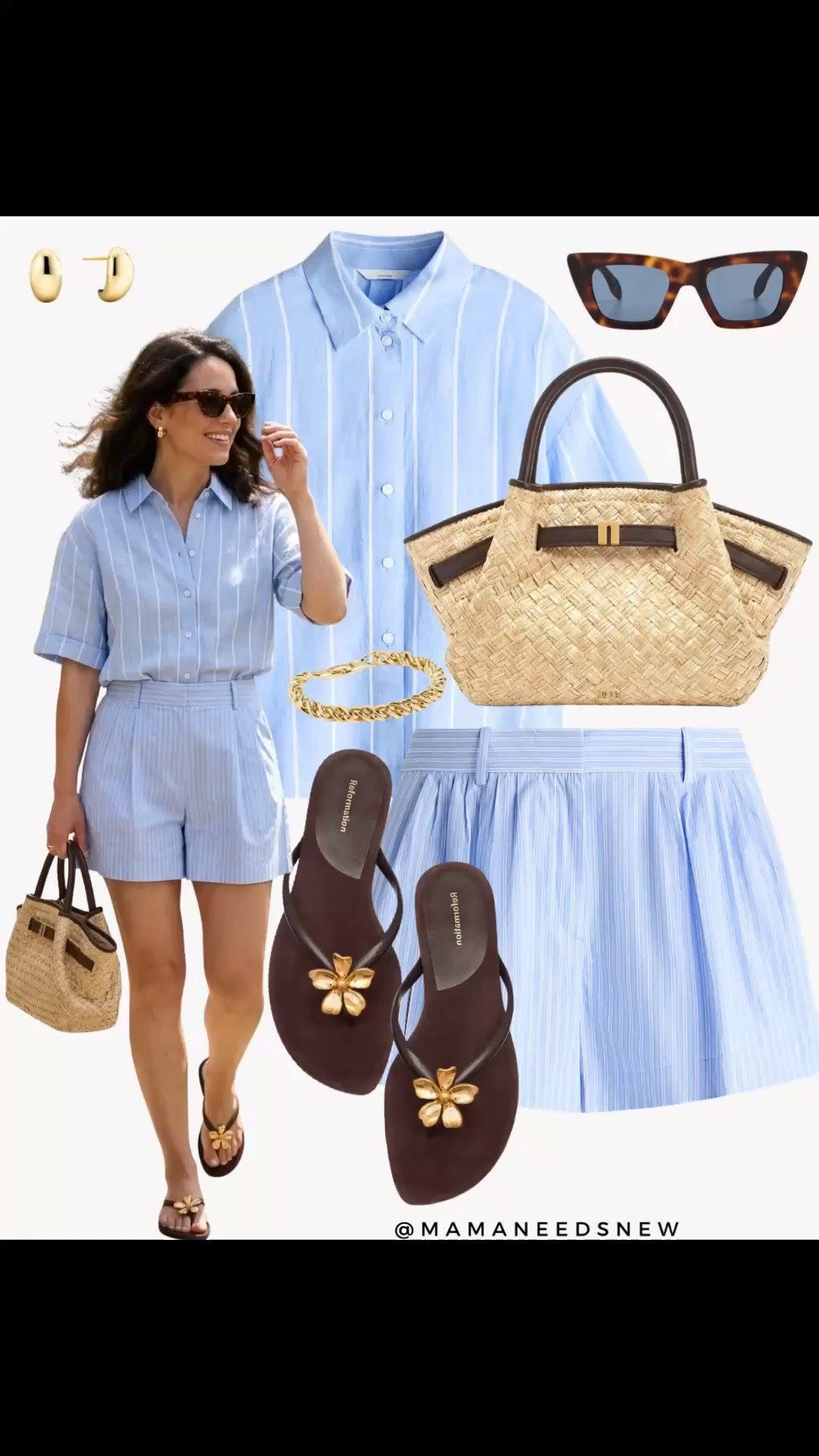 A spring to summer / vacation outfit with a matching striped short sleeve shirt and shorts set, straw tote bag, flip flop sandals 🩵

#LTKootd #LTKSeasonal #LTKSaleAlert