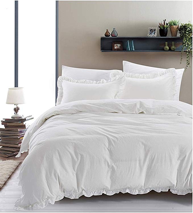 Duvet Cover California-King Washed Cotton Chambray Ruffled Duvet Cover Set -Soft Breathable Beddi... | Amazon (US)