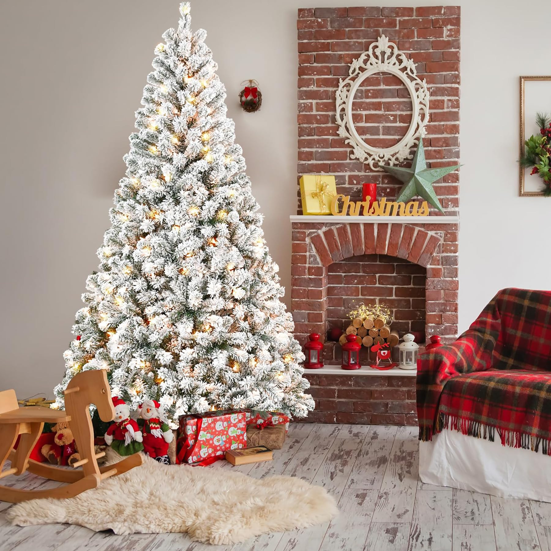 7FT Pre-Lit Flocked Christmas Tree with 350 Warm White Lights, Full White Christmas Tree with Pre... | Amazon (US)