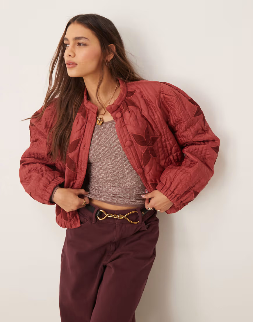 Free People quinn quilted patchwork jacket in marsala-Red | ASOS (Global)