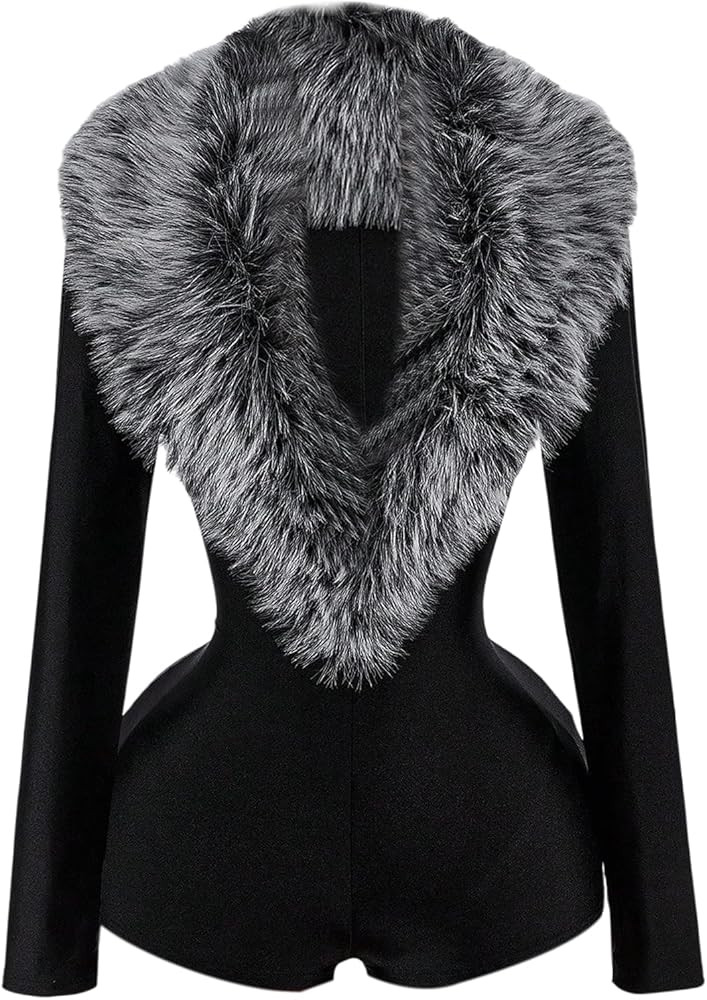 WDIRARA Women's Faux Fur Deep V Neck Long Sleeve Romper Fuzzy Bodycon Shorts Jumpsuit Rave Party | Amazon (US)