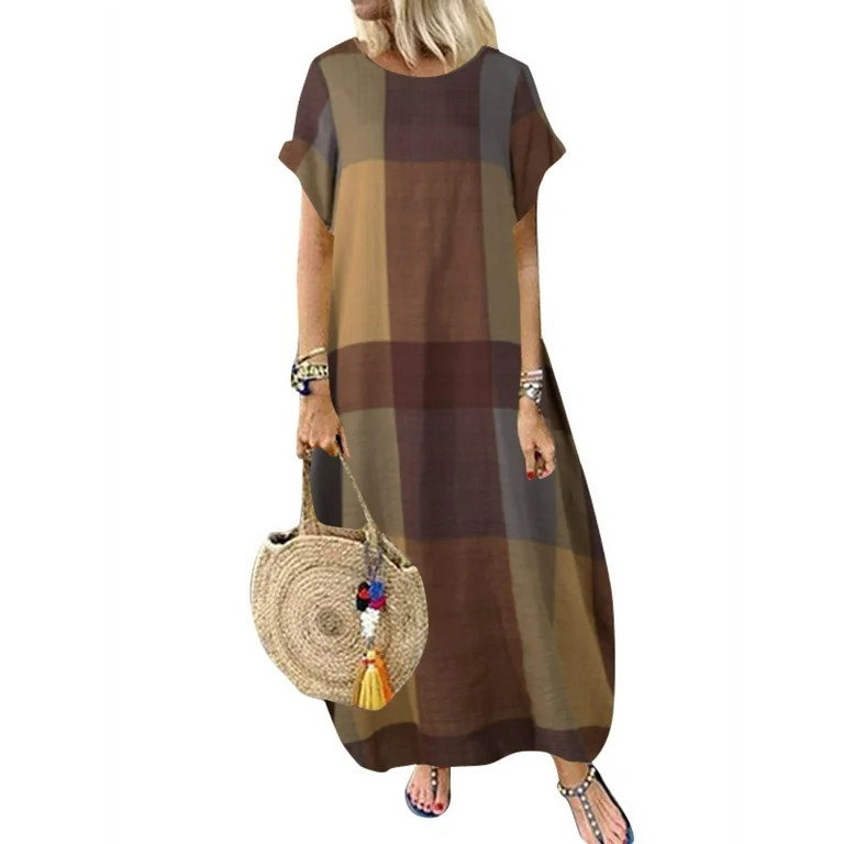 ZANZEA Women Vintage Plaid Check Short Sleeve Kaftan Long Dress | Walmart (US)