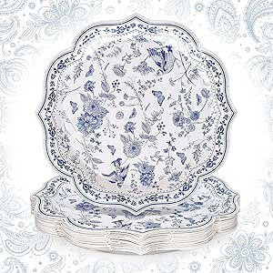 40Pcs Blue White Floral Paper Plates Chinoiserie Flowers Birds Disposable Plates Scalloped Rim De... | Amazon (US)