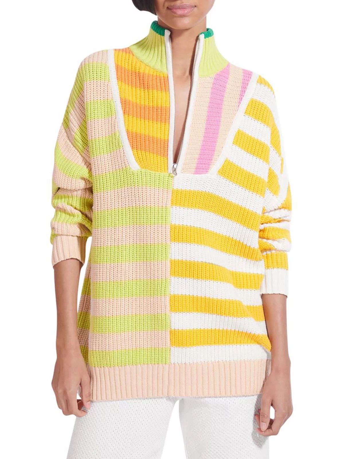 STAUD Womens Hampton Striped Front Half Zip Turtleneck Sweater | Walmart (US)