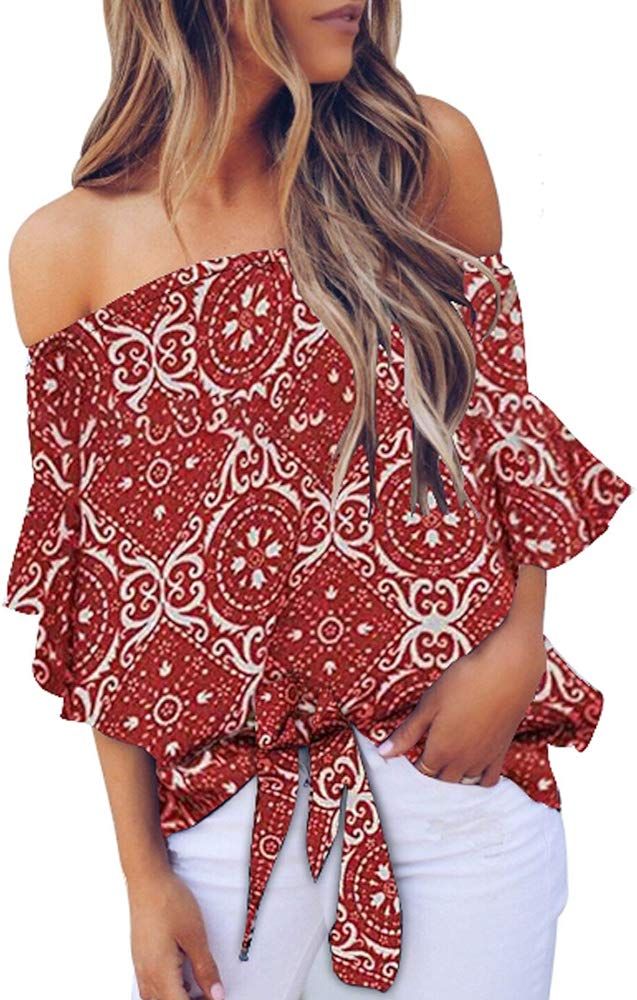 Womens Floral Off The Shoulder Tops 3 4 Flare Sleeve Tie Knot Blouses and Tops | Amazon (US)