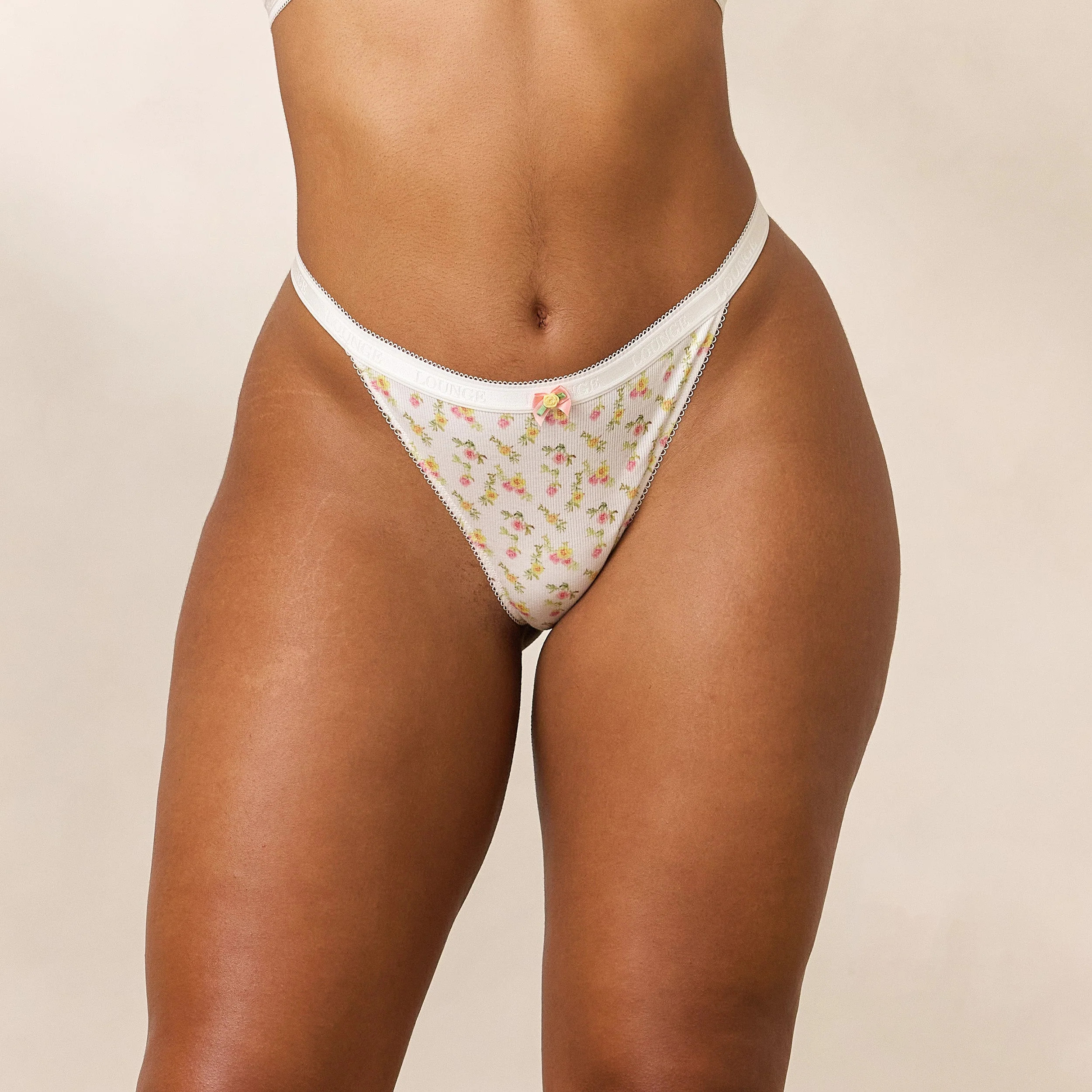 Rosebud Ribbed Thong - White Floral | Lounge UK