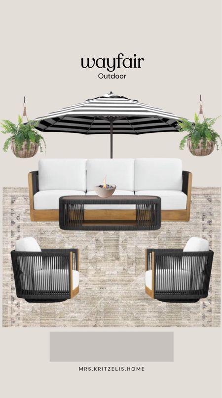 Wayfair outdoor patio! 

Couch, furniture set, rug, planter, umbrella, chair, fire pit 

#LTKHome #LTKFindsUnder100 #LTKSaleAlert