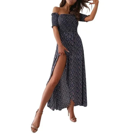 Daznico Women s High Slit Off the Shoulder Short Sleeve Print Floral Summer Casual Midi Dress Summer | Walmart (US)