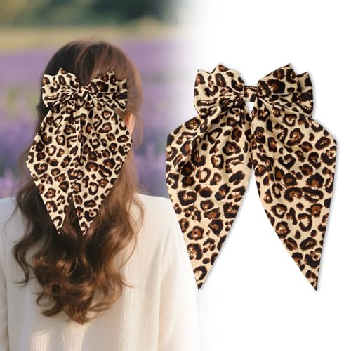 Large Leopard Hair Bow, Cheetah Print Bow with Long Tail Ribbon Satin and Snap Hair Clips for Women Hair Accessories to Ponytail And Everyday Or Party Wear | Amazon (US)