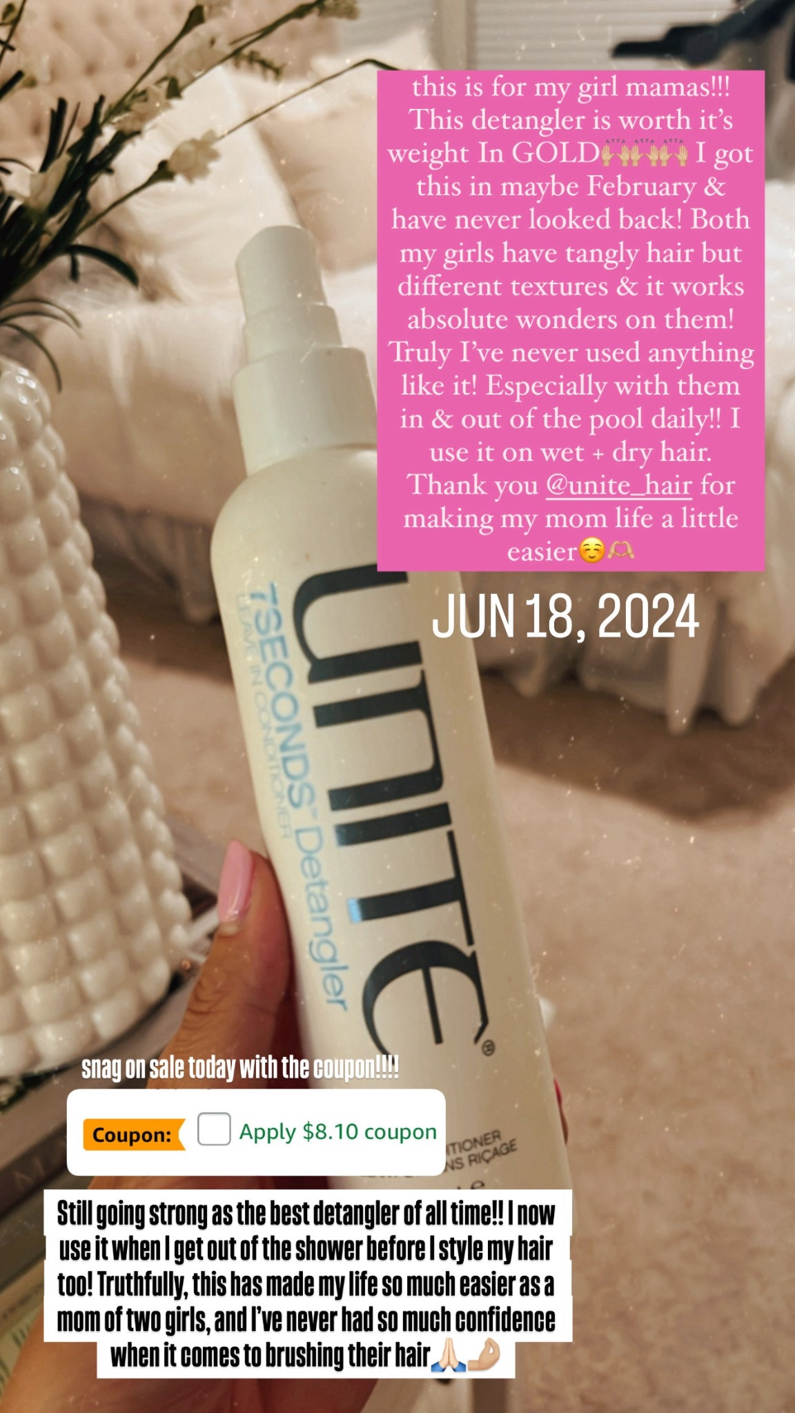 Clip the coupon for eight dollars off!! There is truly no detangler that is as good as this one!! I am so passionate about it because it has changed my life as a mom of two girls🤌🏼 Madeline used to cry every single time I brushed her hair, especially in the summertime when she’s in and out of the pool and now it’s such a breeze!!! I even use it when I get out of the shower before I style my hair

#LTKBeauty #LTKSaleAlert #LTKFamily