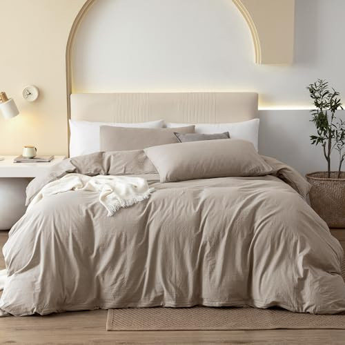 JIYUAN Queen Size Duvet Cover Set, 3-Piece - 100% Washed Cotton, Linen-Like Soft & Breathable with Zipper Closure, Includes 90x90 Inch Cover & 2 Pillowcases, Heathered Tannish Linen Grey | Amazon (US)