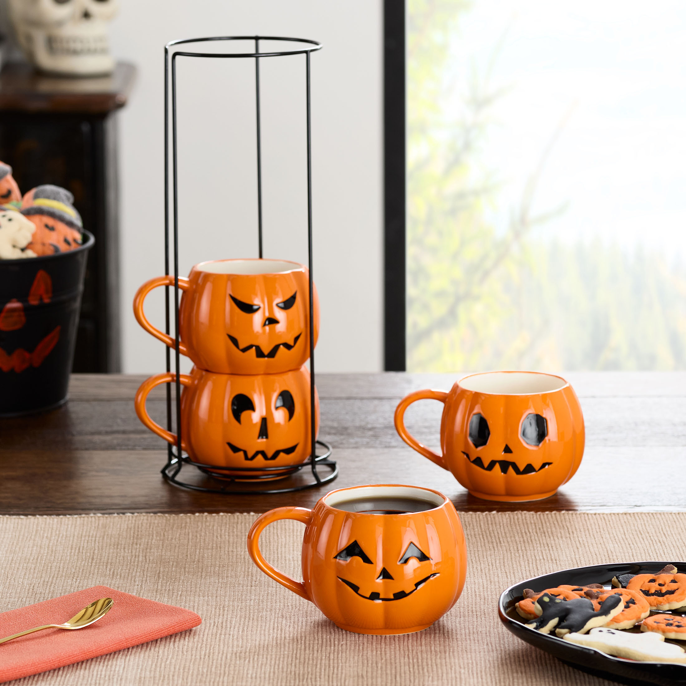 Halloween 13-Ounce Orange Pumpkin Stoneware Stackable Mug Set with Iron Rack, by Way To Celebrate | Walmart (US)