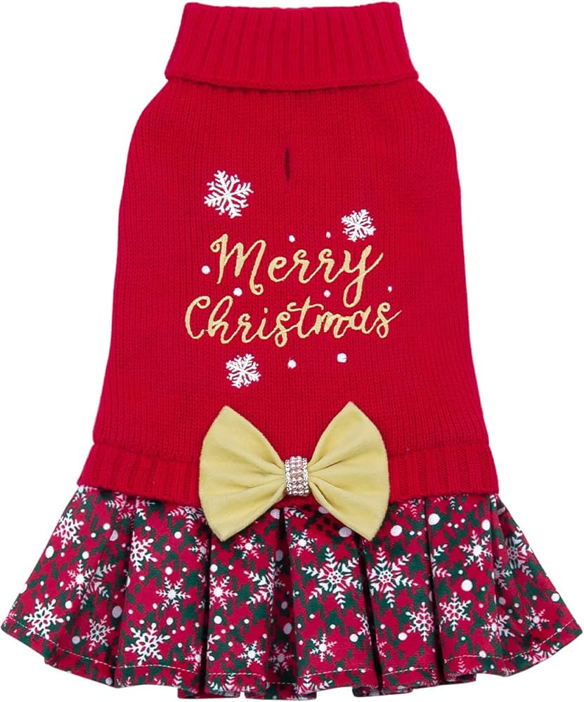 CuteBone Christmas Dog Sweater Dress Turtleneck Puppy Sweater with Bowtie Leash Hole Pullover Win... | Amazon (US)
