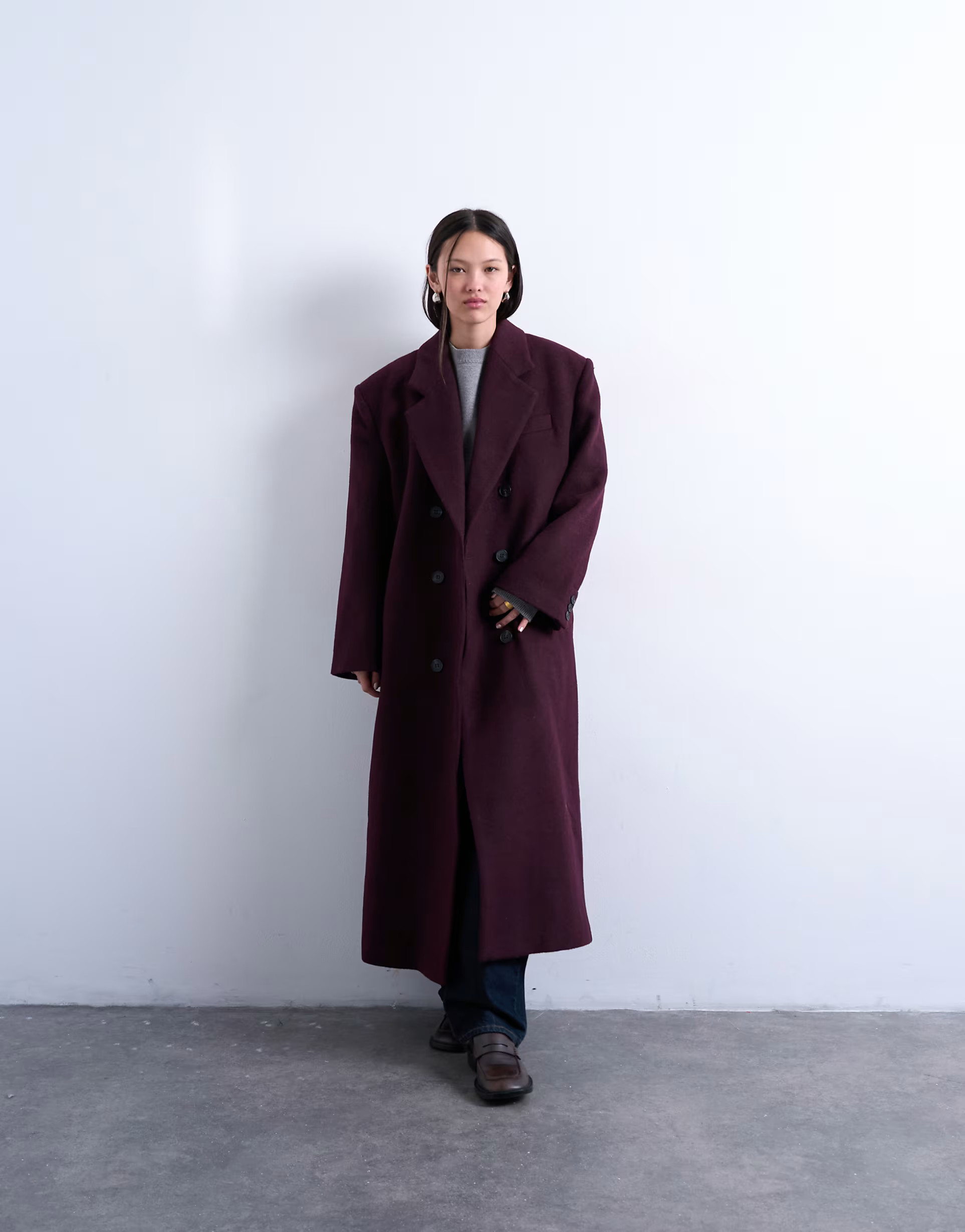Topshop oversized double breasted mensy overcoat with wool in aubergine | ASOS (Global)