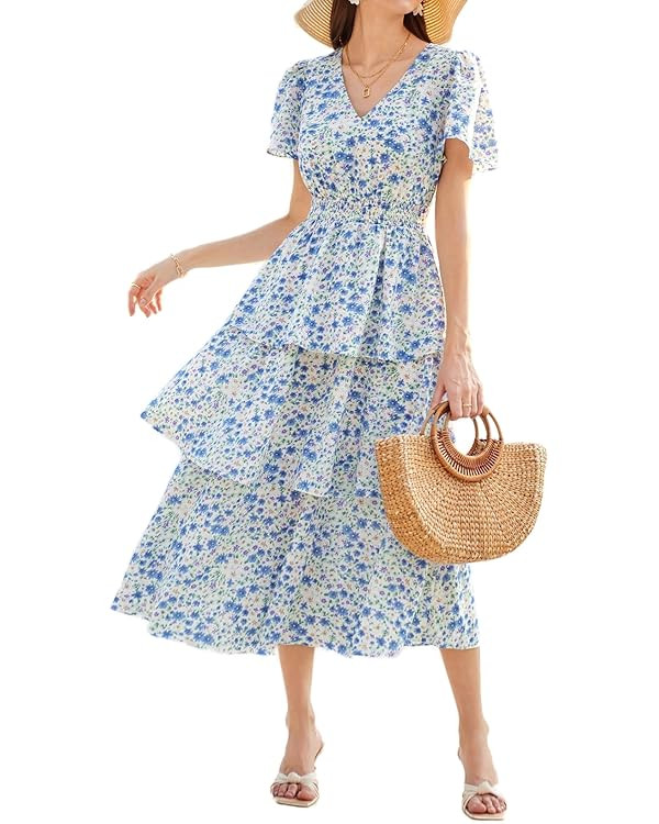 GRACE KARIN Women's 2024 Floral Summer Long Midi Dress V Neck Short Sleeve Ruffle Tiered Layered ... | Amazon (US)