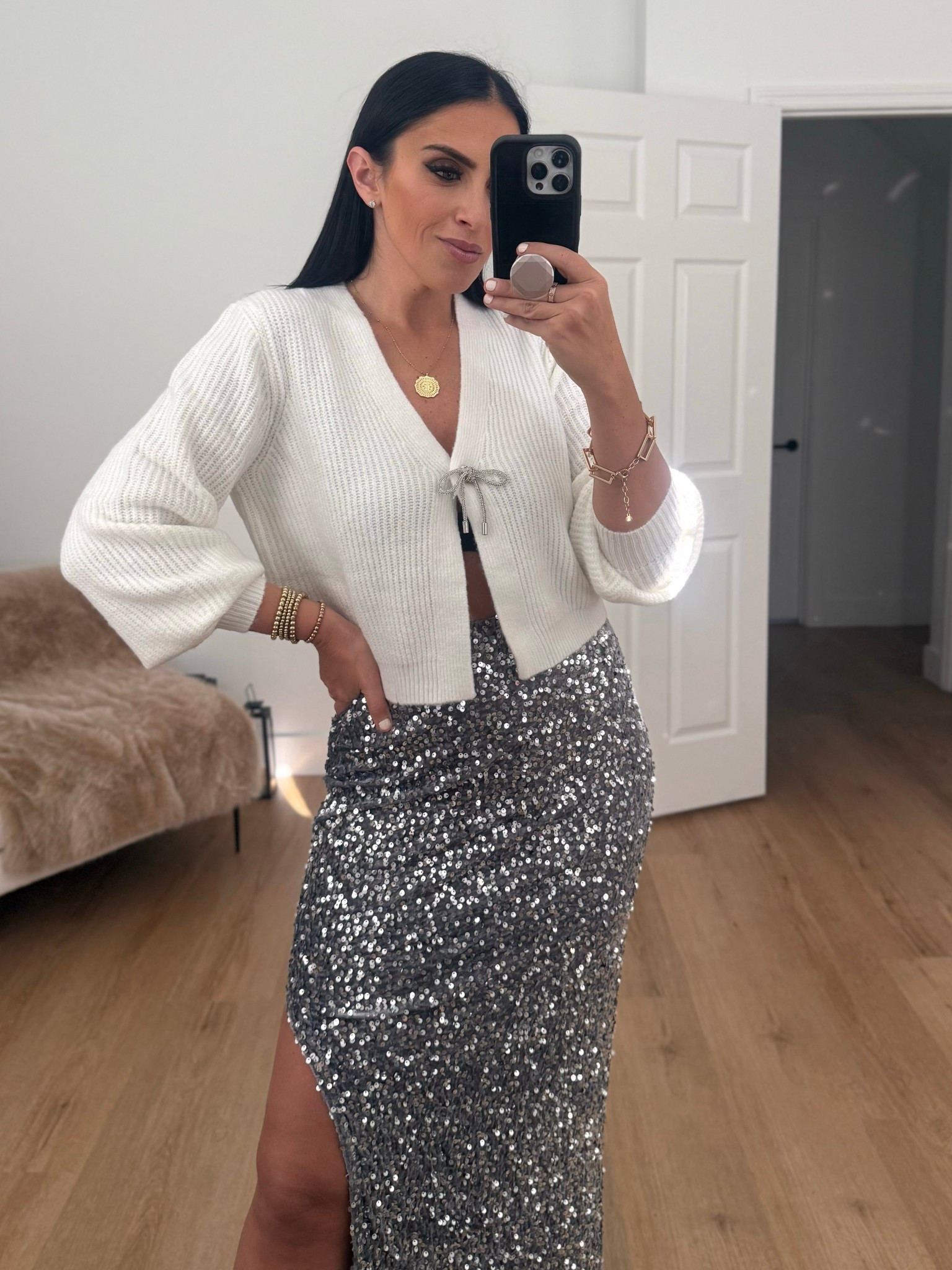 Madden NYC Women's Sequin Velour Maxi Skirt wearing size small only $16  No Boundaries Bow Cardigan wearing size medium only $14. 

