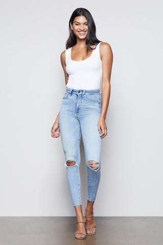 Good Waist Crop Raw Edge Blue352 Super High Rise Skinny Ripped Jeans, Plus Size 24 | Good American