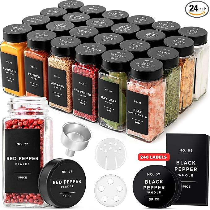 Glass Spice Jars with Label and Stainless Steel Lids (24 x 4oz) Spice Containers with 240 Labels,... | Amazon (US)