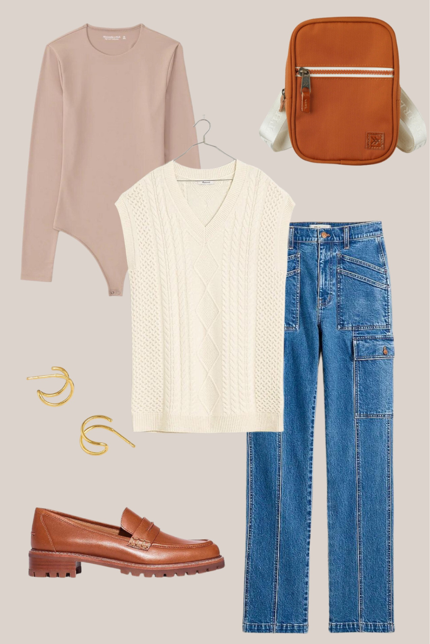 The perfect fall outfit. Bright browns, neutrals, and blue cargo jeans. Complete with a cross body bag, double hooped earrings, and brown loafers. 

#LTKfindsunder100 #LTKshoecrush #LTKSeasonal