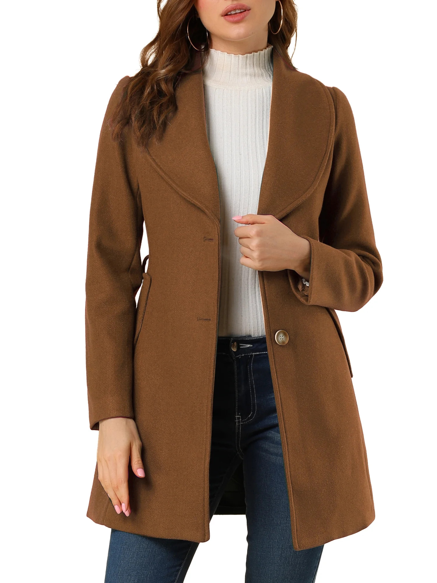 Unique Bargains Women's Rounded Shawl Collar Slim Single Breasted Belted Coat | Walmart (US)