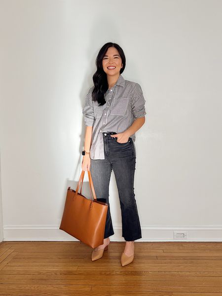 Fall casual outfit, LOFT, transitional outfit, teacher outfit idea, business casual work outfit: grey and white striped button up shirt, striped shirt (XS), faded black jeans (27P), high waisted black jeans, brown tote bag with zipper, brown block heel pumps, brown mule pumps (TTS).

#LTKunder50 #LTKSeasonal #LTKworkwear