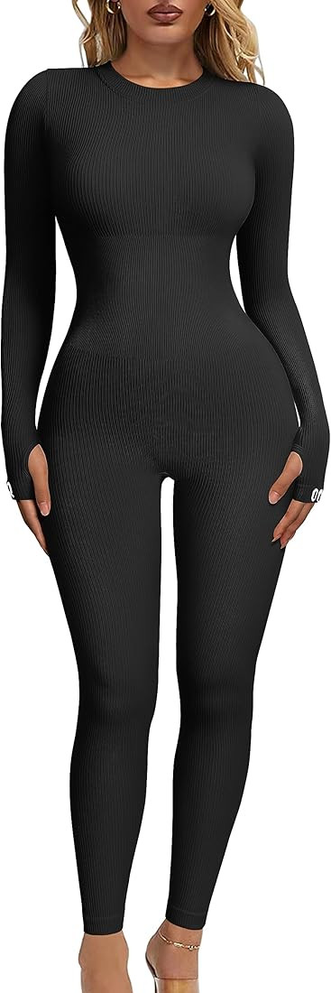 OQQ Women‘s Yoga Jumpsuits Ribbed Long Sleeve Crew Neck Tops Sport Jumpsuits | Amazon (US)