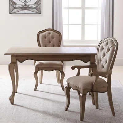 Set of Two Tufted Beige and Taupe Upholstered Fabric And Solid Wood Dining Arm Chairs | Wayfair North America