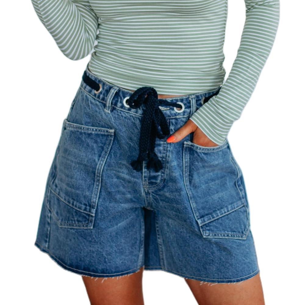 Mxiqqpltky Drawstring Jean Shorts Womens Casual High Waisted Straight Leg Baggy Denim Shorts Summ... | Amazon (US)