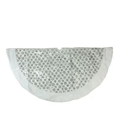60" White and Silver Sequin Snowflake Christmas Tree Skirt with Faux Fur Border | Wayfair North America