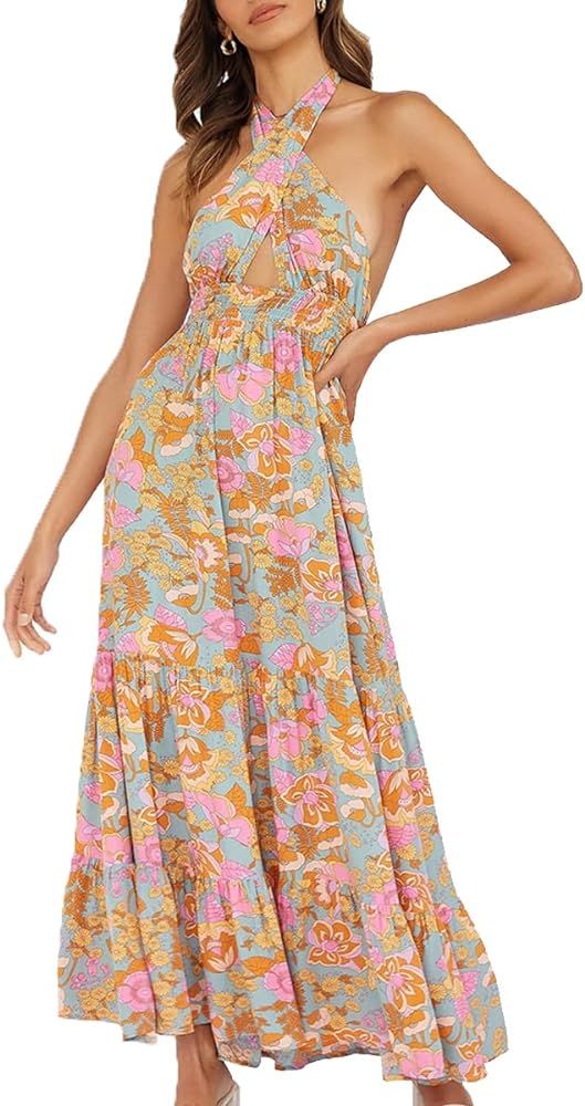 Women's Summer Keyhole Backless Flowy Maxi Dress 2023 Halter Neck Sleeveless Floral Print Beach H... | Amazon (US)