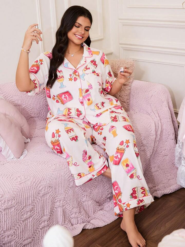 SweetSlumber Plus Size Strawberry Cake Print Pajama Set5.00(4) | SHEIN