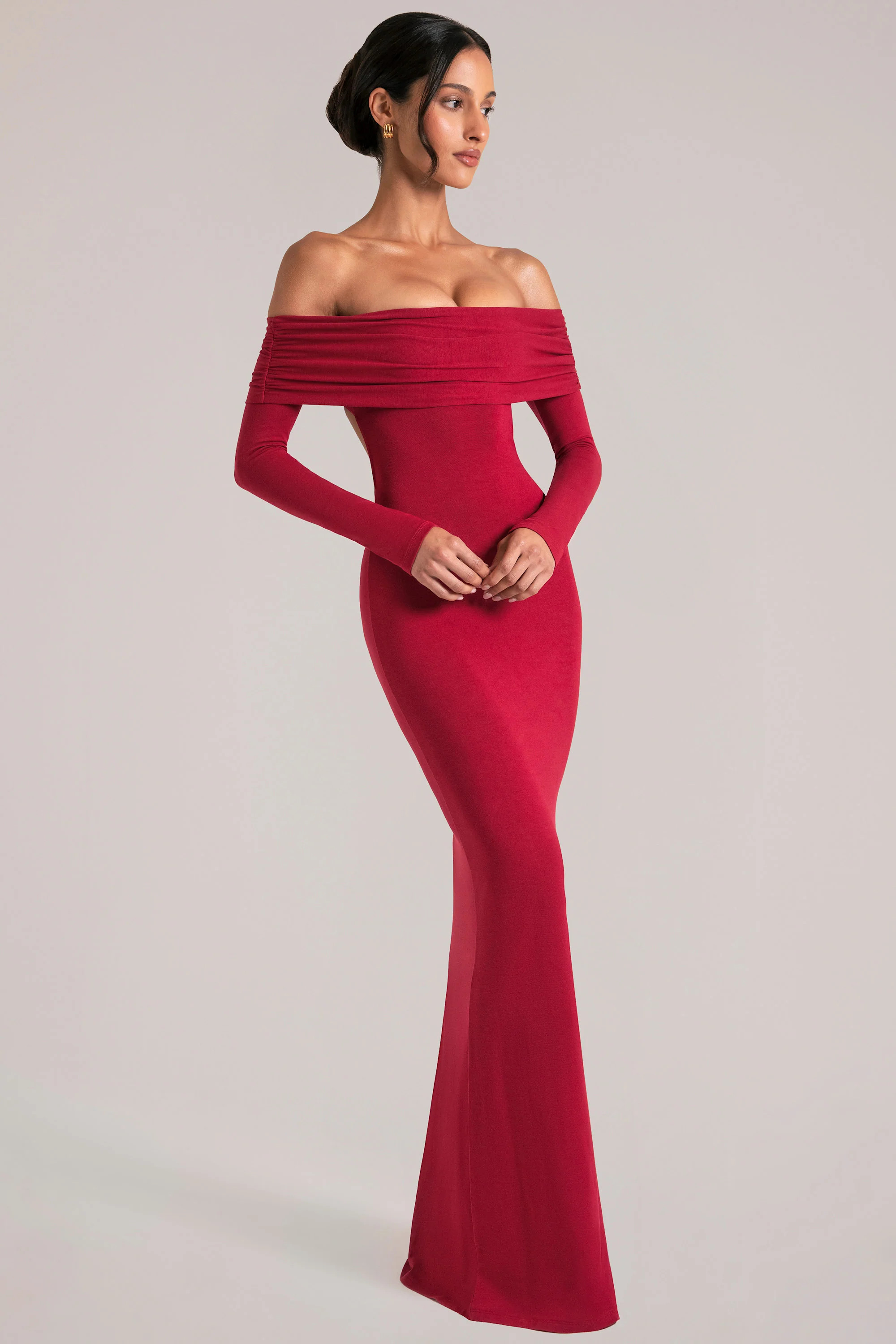 Off-Shoulder Long-Sleeve Maxi Dress in Cherry Red | Oh Polly
