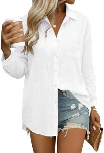 HOTOUCH Womens Button Down Shirts Linen Cotton Long Sleeve Blouses Casual Collared Loose Fit Gauz... | Amazon (US)