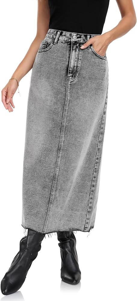 MISS MOLY Women's Jean Skirt Stretch High Waisted Frayed Raw Hem A Line Denim Midi Skirt with Poc... | Amazon (US)
