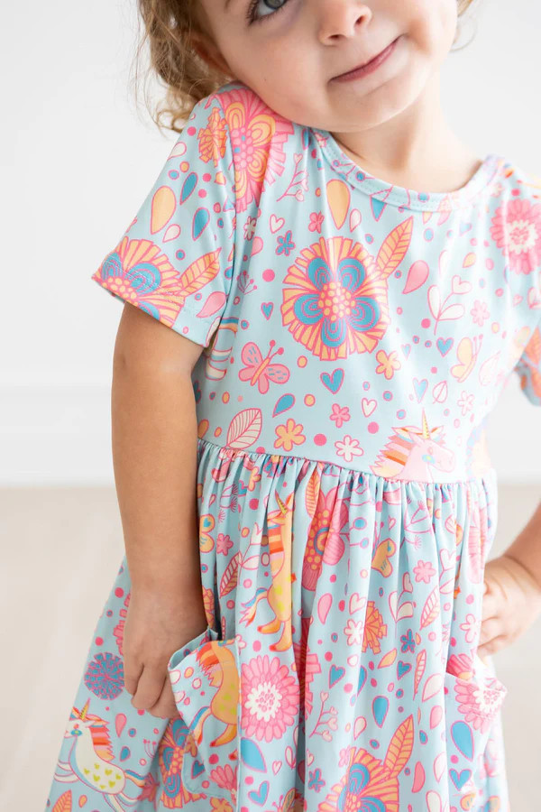 Blue Retro Unicorns S/S Pocket Twirl Dress | Mila and Rose