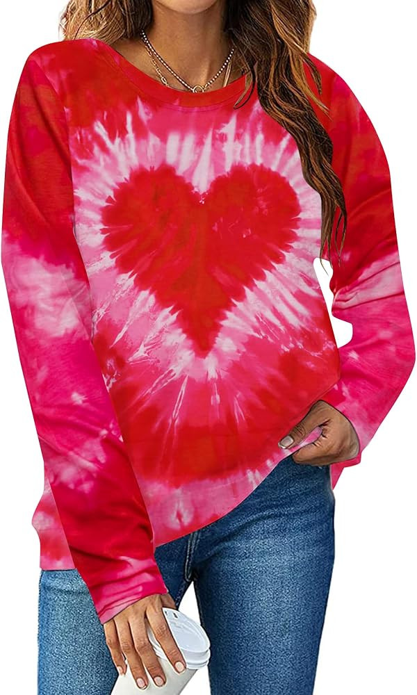 Valentines Day Shirt Tie Dye Heart Long Sleeve Shirt Lover Gift Crewneck TOP | Amazon (US)