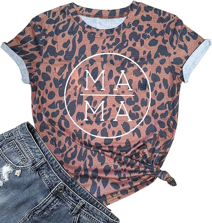 Mama Leopard Print T-Shirt Women Funny Mother's Day Mama Gifts Vintage Graphic Tee Shirt Tops | Amazon (US)