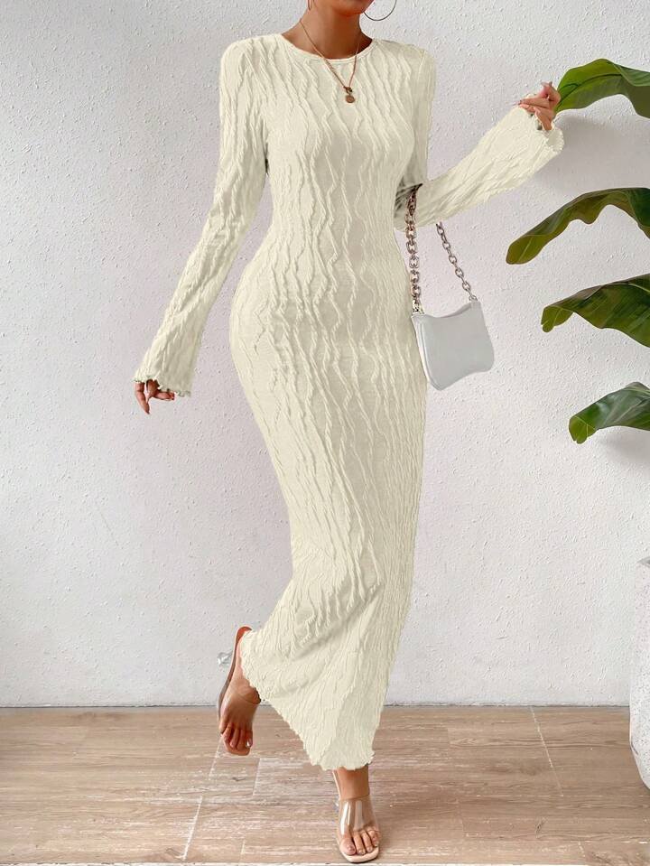 SHEIN Essnce Solid Flare Sleeve Lettuce Hem Bodycon Dress | SHEIN | SHEIN