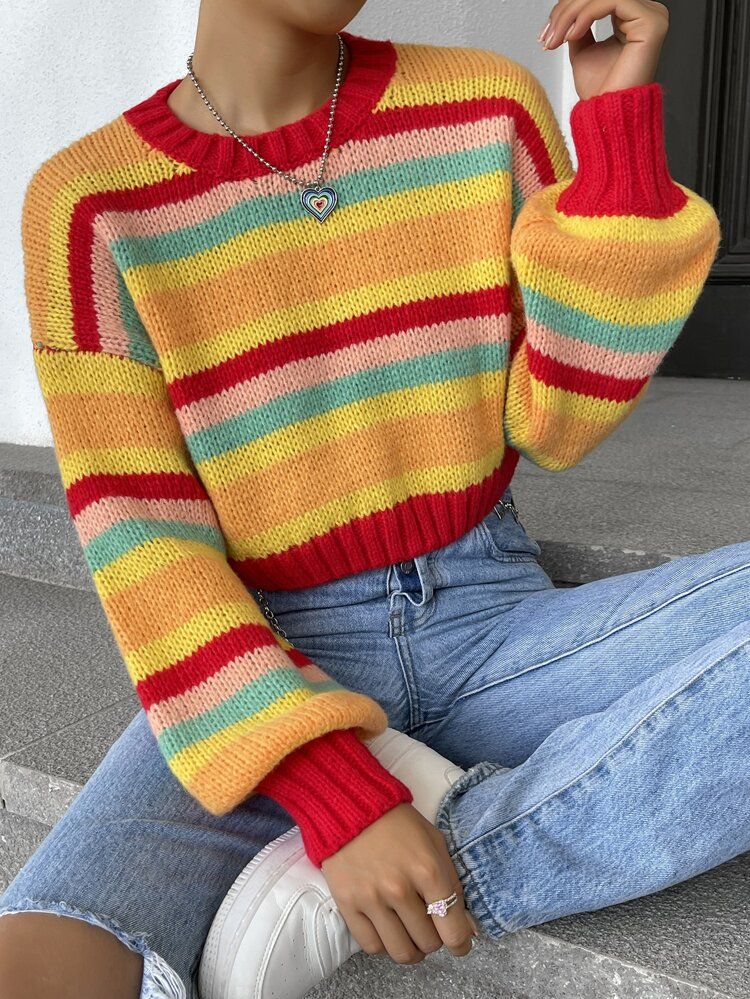 Color Block Stripe Pattern Lantern Sleeve Sweater | SHEIN