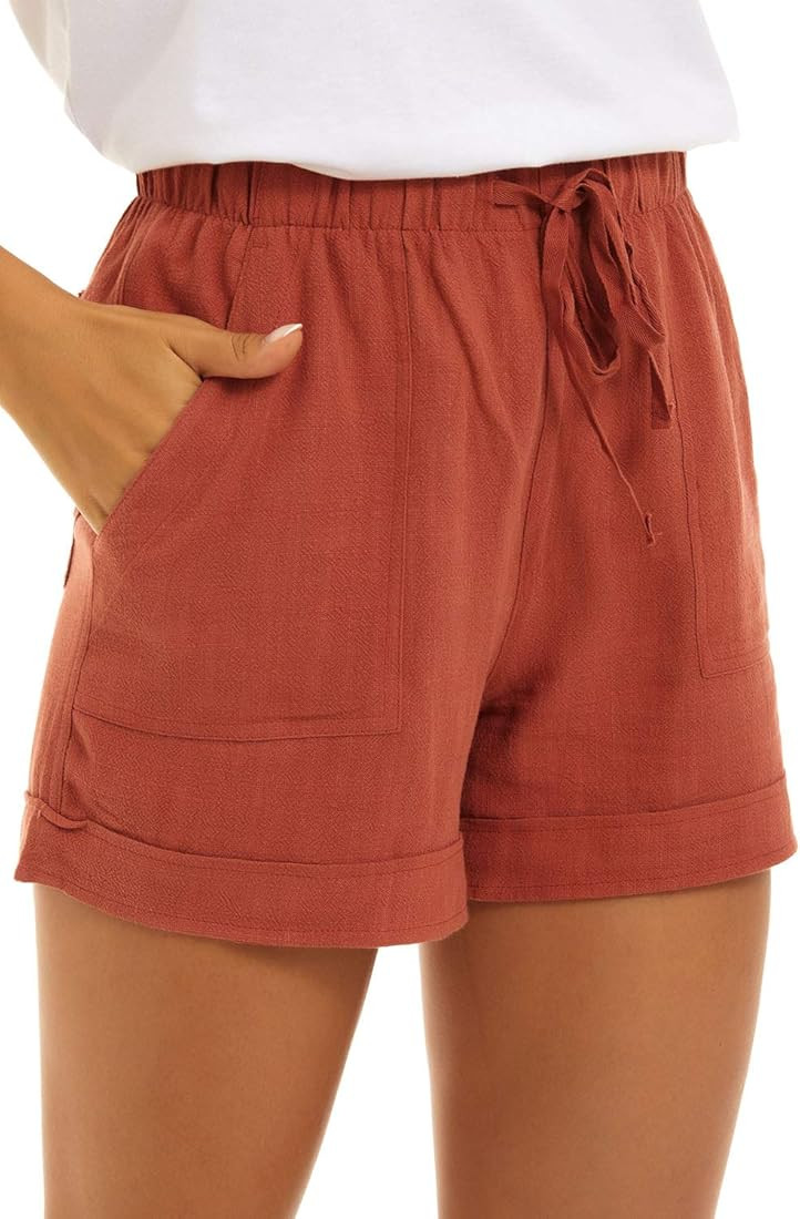 KINGFEN Women Casual Cotton Shorts Drawstring Comfy Elastic Waist Shorts Summer Pull On Short wit... | Amazon (US)