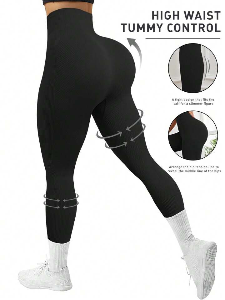 Seamluxe SHEIN Sport Yoga Tights Seamless Rib-Knit Tummy Control Butt Lifting Breathable Quick-Dr... | SHEIN