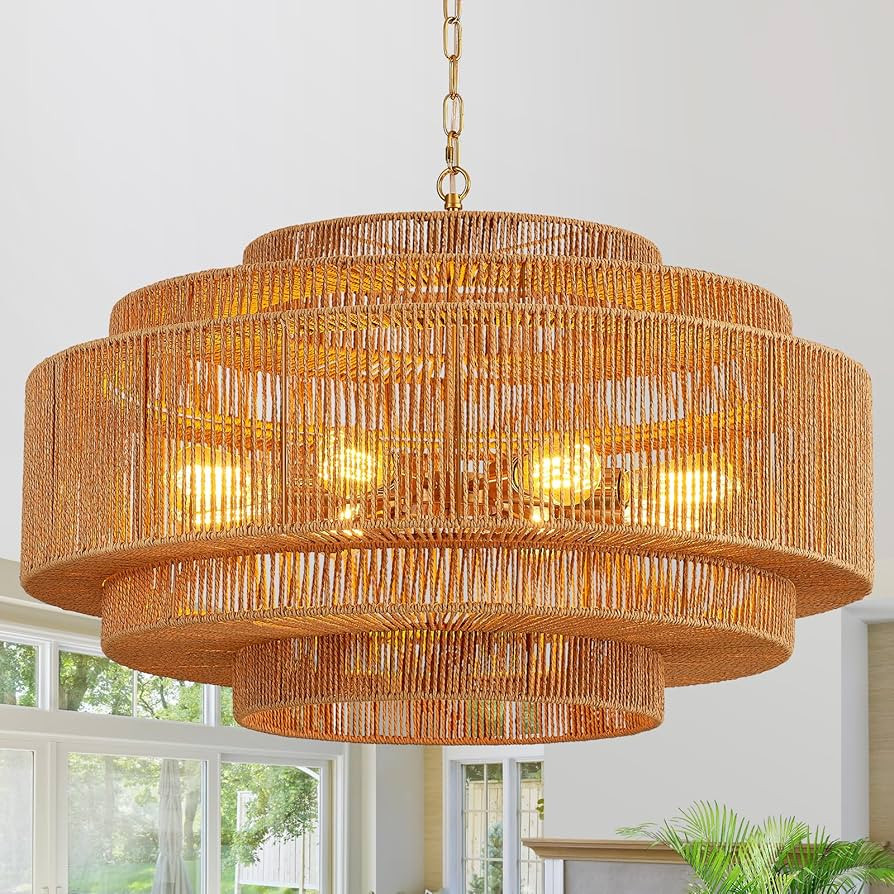 Boho Large Chandelier Woven Rattan Hanging Light 31in Golden Light Fixtures 8-Light Coastal Ratta... | Amazon (US)