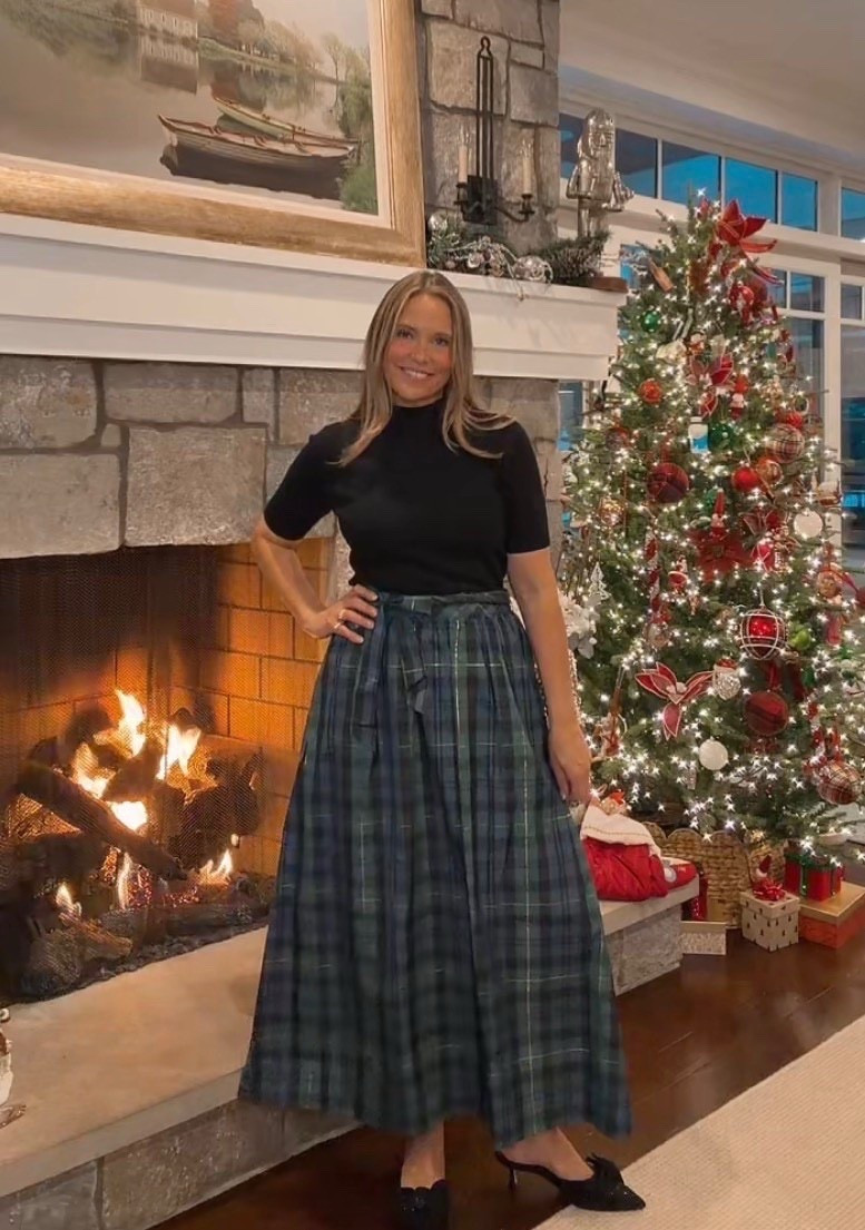 Looking for a holiday outfit for an upcoming festive event? We love this long plaid maxi skirt paired with a mid sleeve black top for a holiday look! Pair it with heels, sparkly earrings and a jacket layered over the top for the perfect outfit. 

#LTKOver40 #LTKSeasonal #LTKHoliday