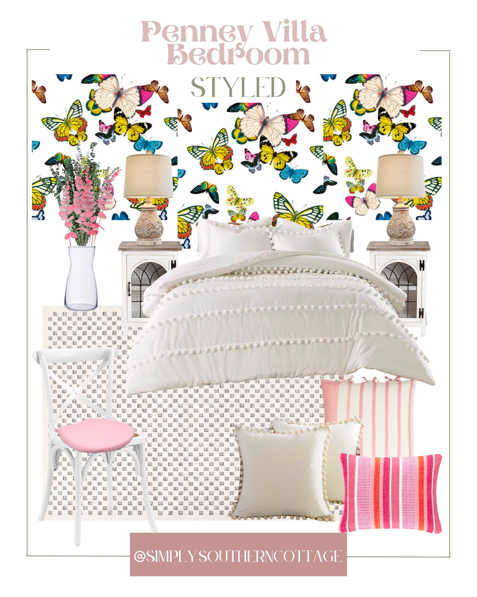 Penney villa bedroom styled / penney villa home decor / bed room styles / bedroom furniture / bedroom accents / butterfly wall paper / white bedding / home refresh 