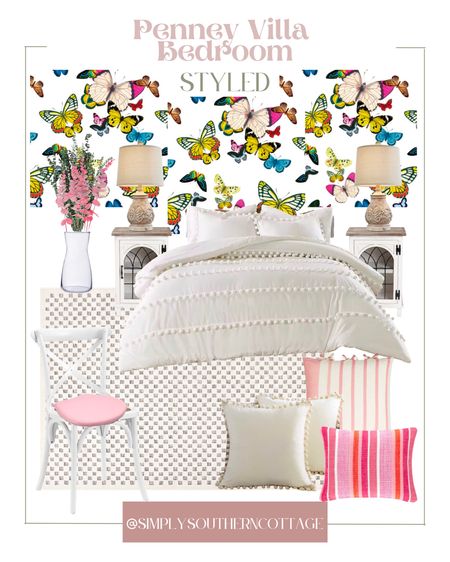 Penney villa bedroom styled / penney villa home decor / bed room styles / bedroom furniture / bedroom accents / butterfly wall paper / white bedding / home refresh 
